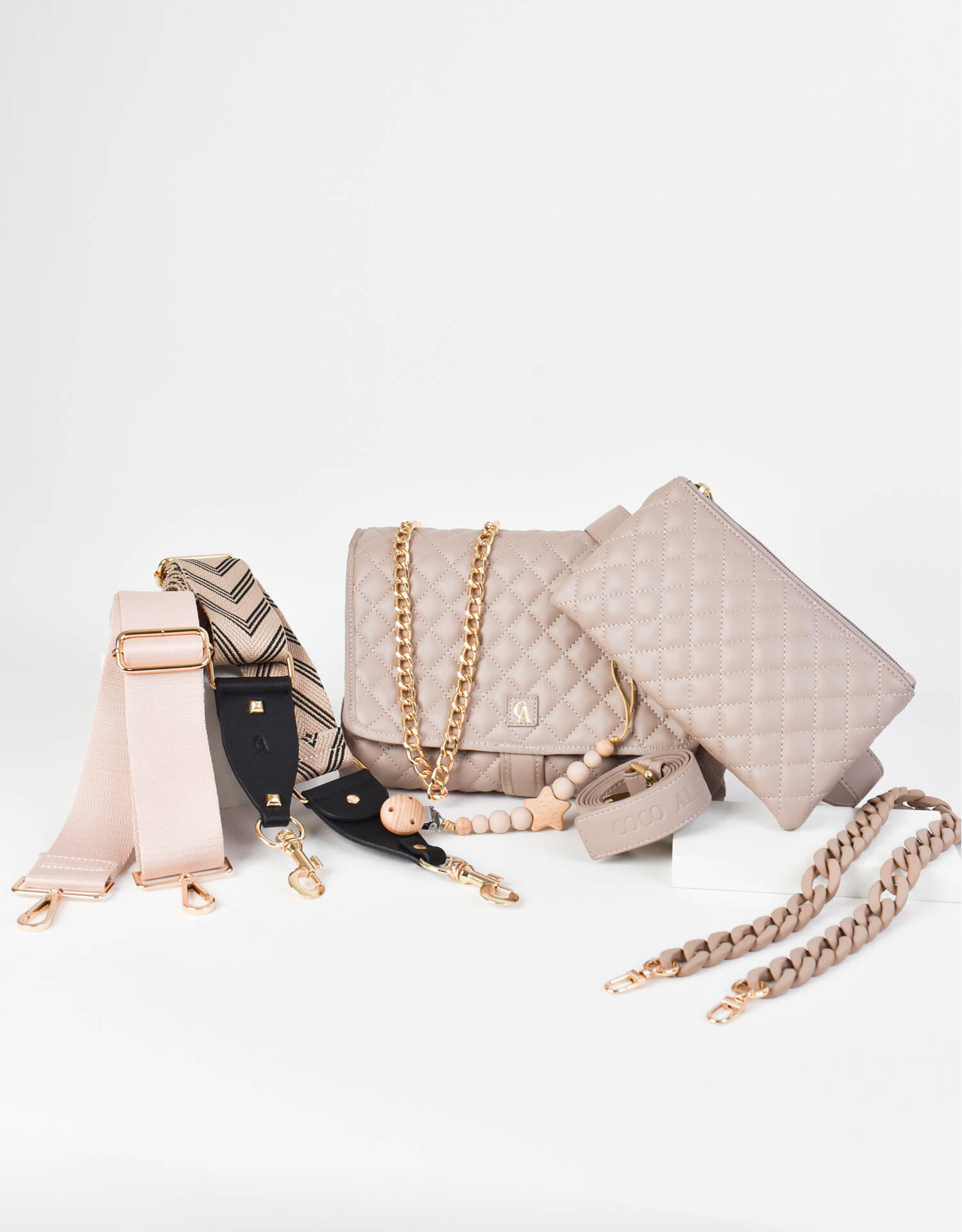 Diaper bag, cross body bag, straps and pacifier clip