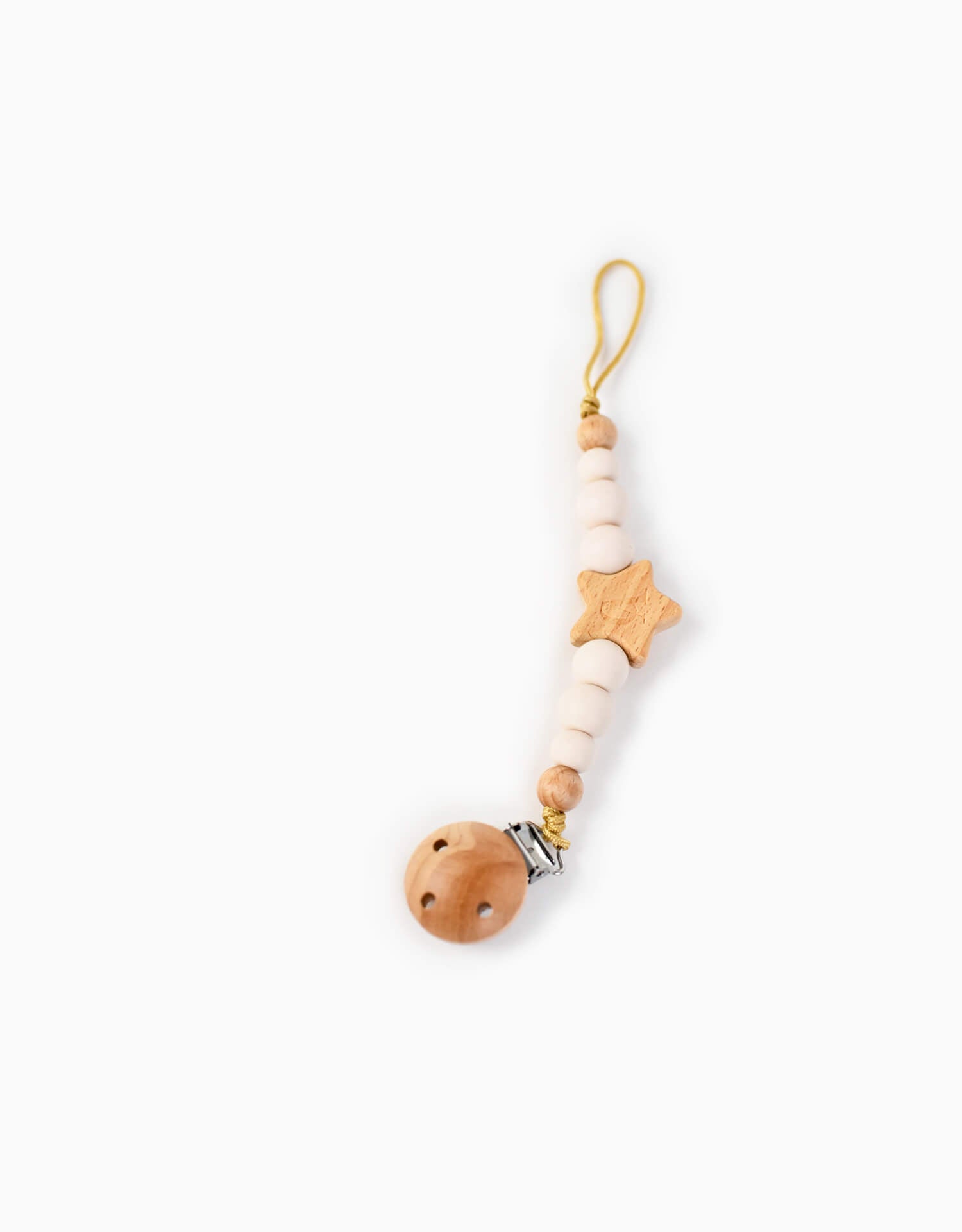 coco alexander food grade silicon beech wood stainless-steel pacifier clip in cream color