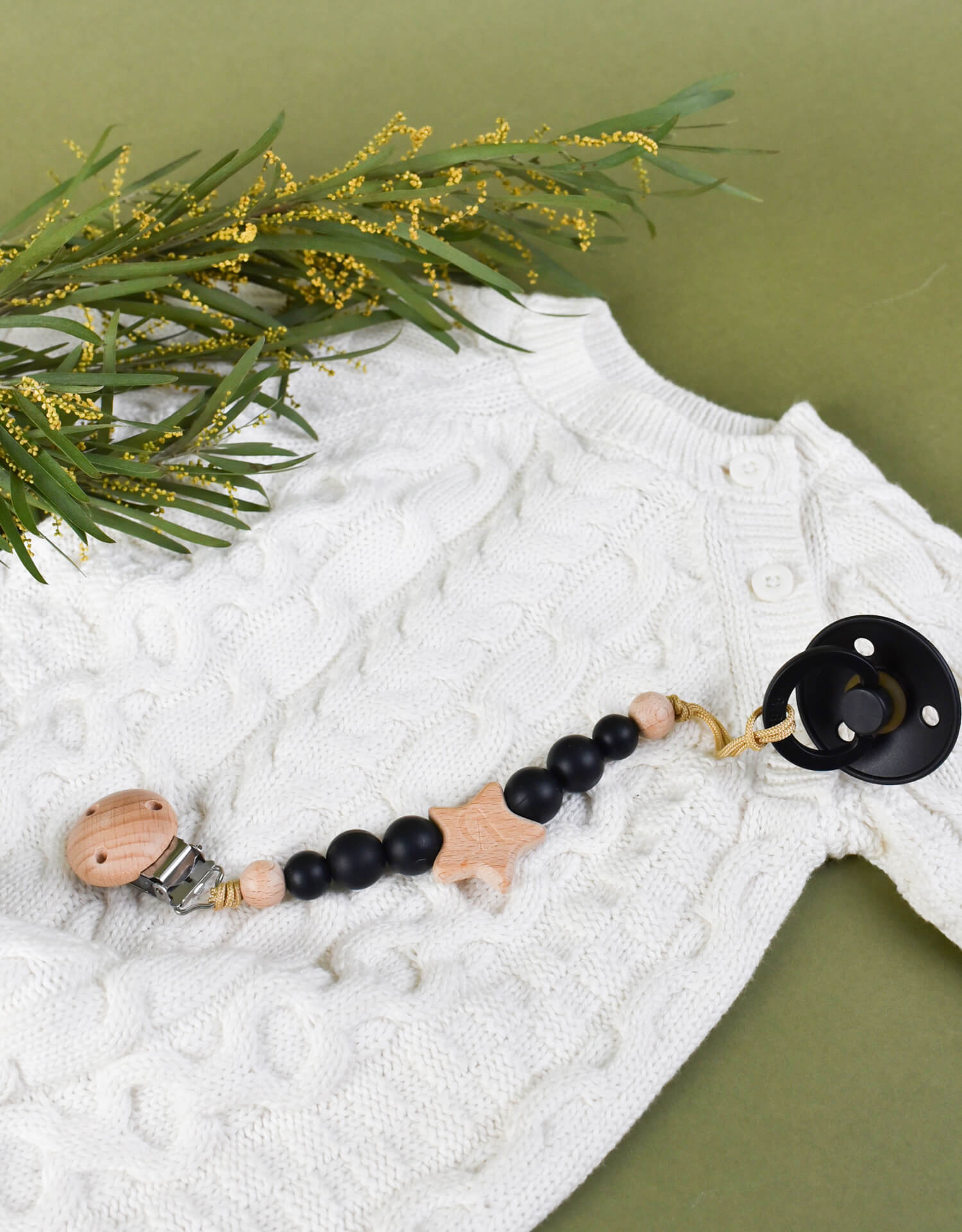 food-grade silicone black beads and beach wood Pacifier Clip